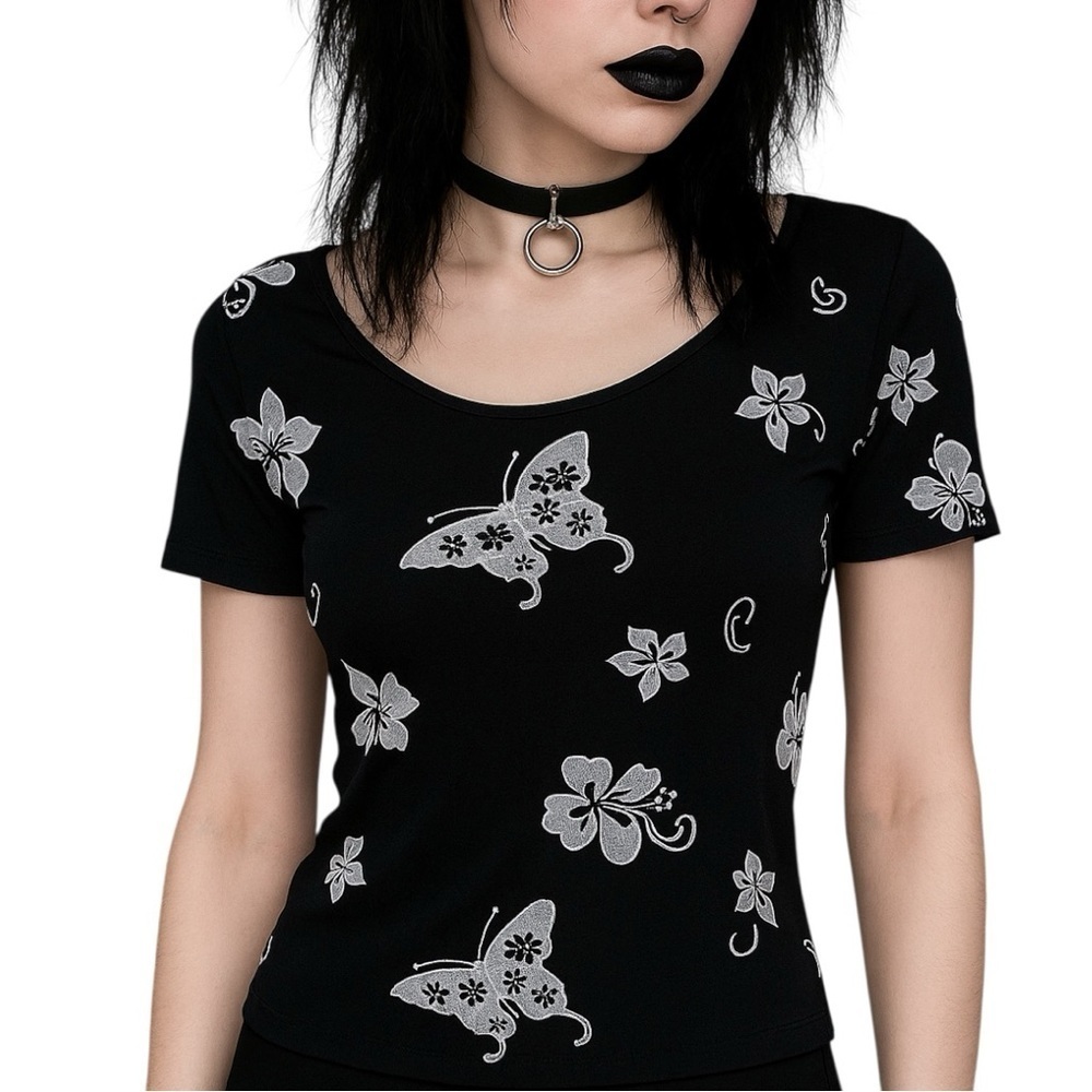 Vintage 90s Impulse Butterfly Floral Baby Tee Black White Y2K M